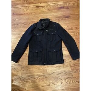 Guess Men's Black Wool Blend Military Jacket Zip Front Epaulet Pockets Size M